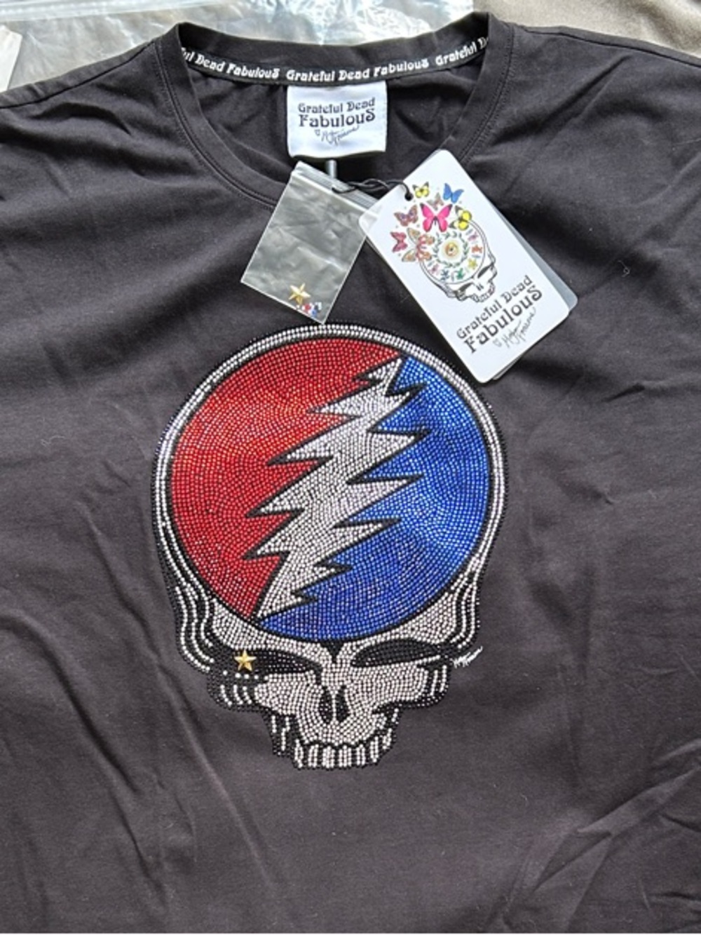 Grateful Dead Black Tee with Red and Blue Rhinestone Steal Your Face